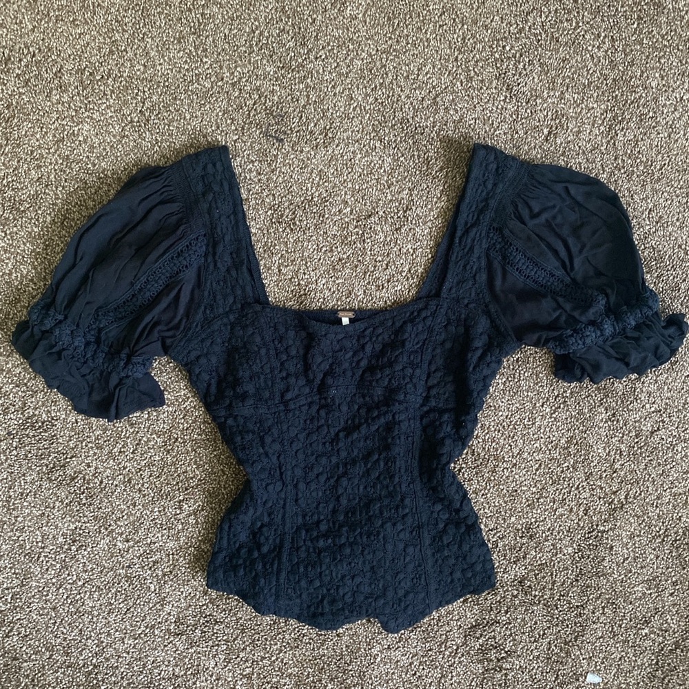 Free People Blue Smocked Puff Sleeve Blouse